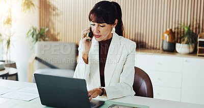 Buy stock photo Laptop, phone call and businesswoman in office with research for finance report with budget. Cellphone, computer and female financial advisor on mobile discussion for investment proposal in workplace