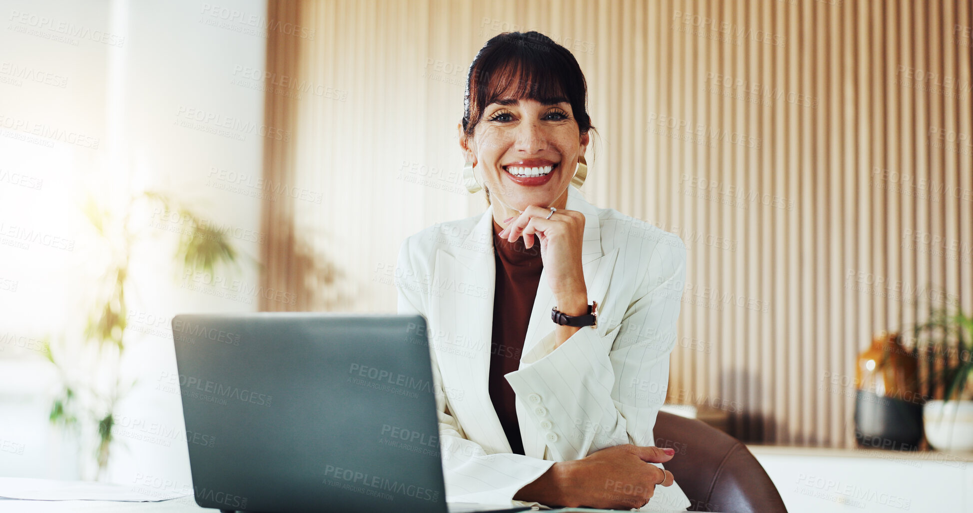 Buy stock photo Laptop, happy and portrait of business woman in office for finance review, consulting and investment. Corporate, professional and person on computer for financial proposal, research and budget report