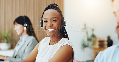 Buy stock photo Office, business and portrait of woman with headset for consulting, lead generation and sales agent. Contact us, coworking and person with mic for telemarketing, communication and virtual assistance