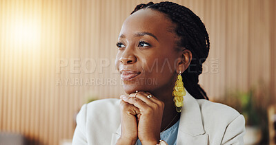 Buy stock photo Office, employee and woman with smile, thinking or planning for legal case, lawyer and career growth. Attorney, reflection and black person with ideas for trial, space and thoughtful in law firm
