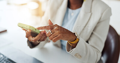 Buy stock photo Phone, hands and business woman for online chat, networking or contact for finance client. Typing, corporate and person on smartphone for communication, website or email at financial agency in office
