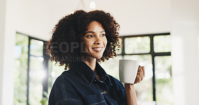 Buy stock photo Happy woman, morning or thinking with coffee in home to start day, comfort or nostalgia moment. Female person, memory and inspiration with vision, mug or caffeine for energy or contemplation in house