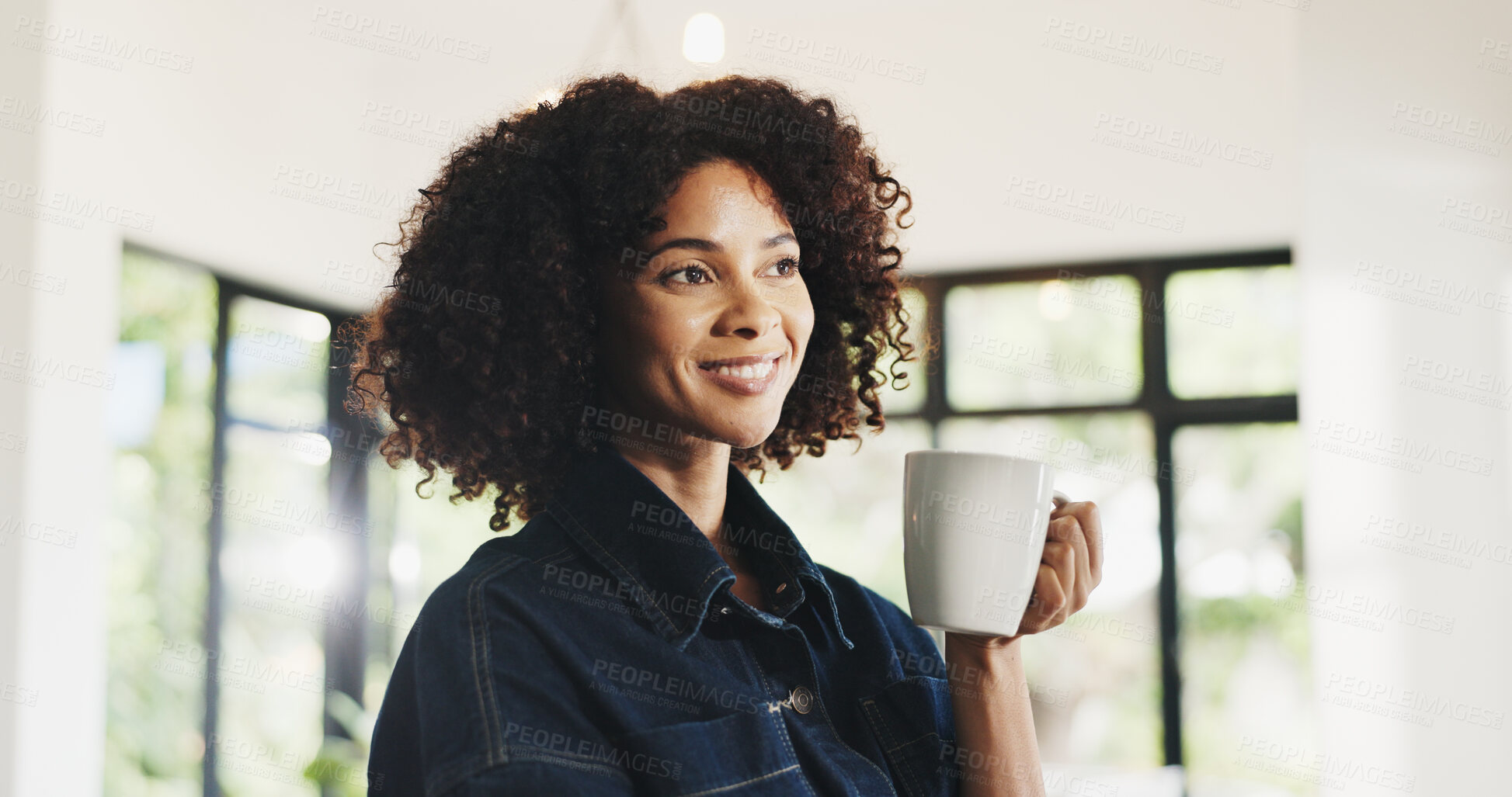 Buy stock photo Happy woman, morning or thinking with coffee in home to start day, comfort or nostalgia moment. Female person, memory and inspiration with vision, mug or caffeine for energy or contemplation in house