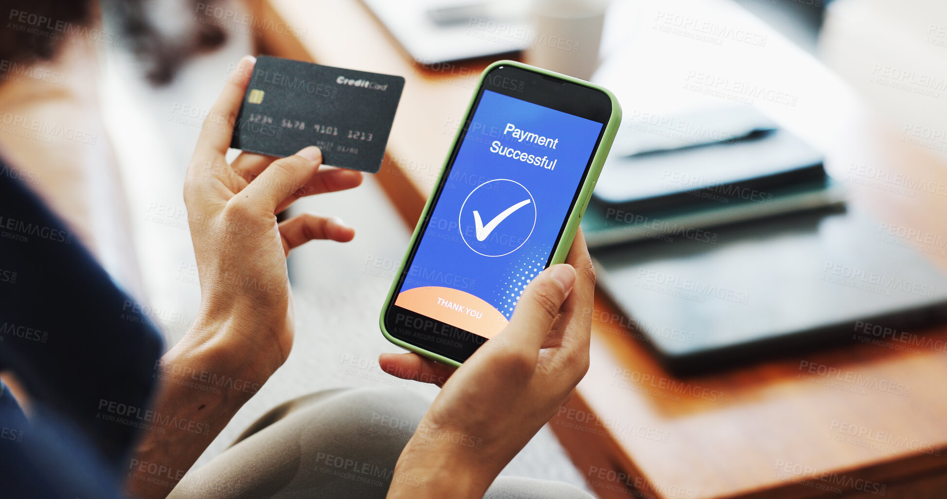 Buy stock photo Credit card, phone screen and hands of woman for online shopping, purchase and payment in home. Approval, ecommerce and person on smartphone on bank app for subscription, sale and transaction success