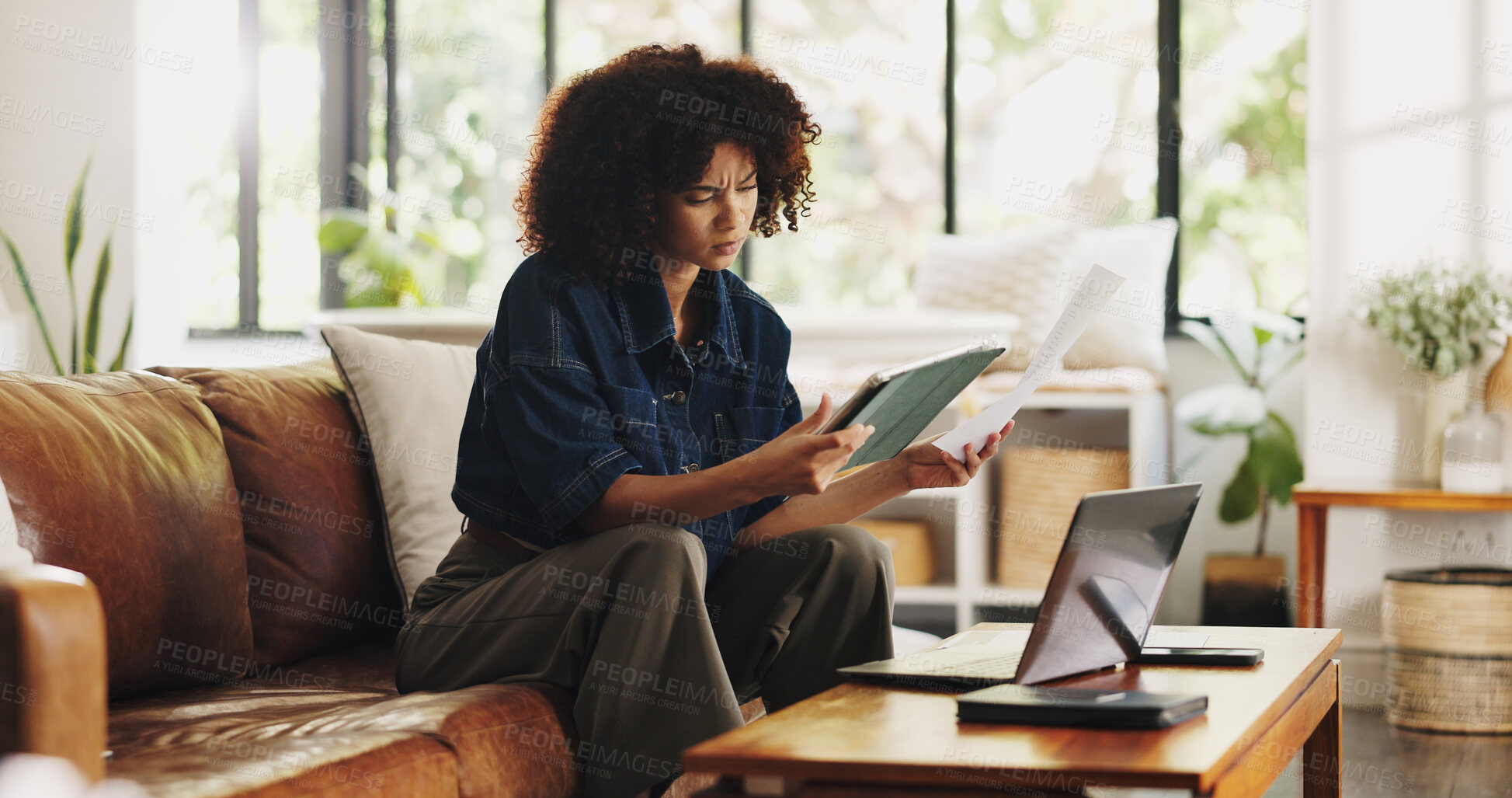 Buy stock photo Tablet, remote work and black woman on sofa for online editing, story review and research in home. Freelance, hybrid worker and person on couch on tech for digital submission, copywriting or planning