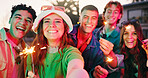 Selfie, celebration or friends in backyard with sparklers, reunion or bonding in digital memory. Portrait, POV or people in house with firework, birthday party or group gathering for social media.