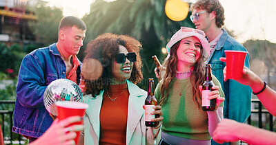 Buy stock photo Dance, drink and reunion with friends outdoor together for bonding, celebration or social gathering. Alcohol, fun and party with group of people in backyard of home for energy, holiday or weekend