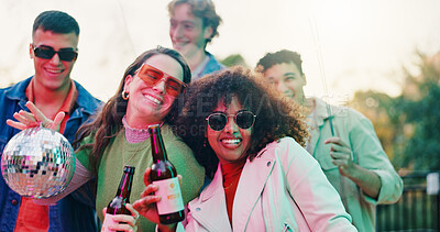 Buy stock photo Friends, laughing and people with alcohol, backyard and social gathering for New Year or celebration. Outdoor, happiness and group with beer on festive season, reunion and bonding at party or hangout