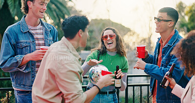 Buy stock photo Dance, drink and laughing with friends outdoor together for celebration, party or social gathering. Alcohol, funny and reunion with group of people in backyard of home for energy, holiday or weekend