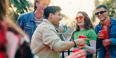 Buy stock photo Dance, drink and party with happy people outdoor together for celebration or social gathering. Alcohol, bonding and reunion with group of friends in backyard of home for energy, holiday or weekend