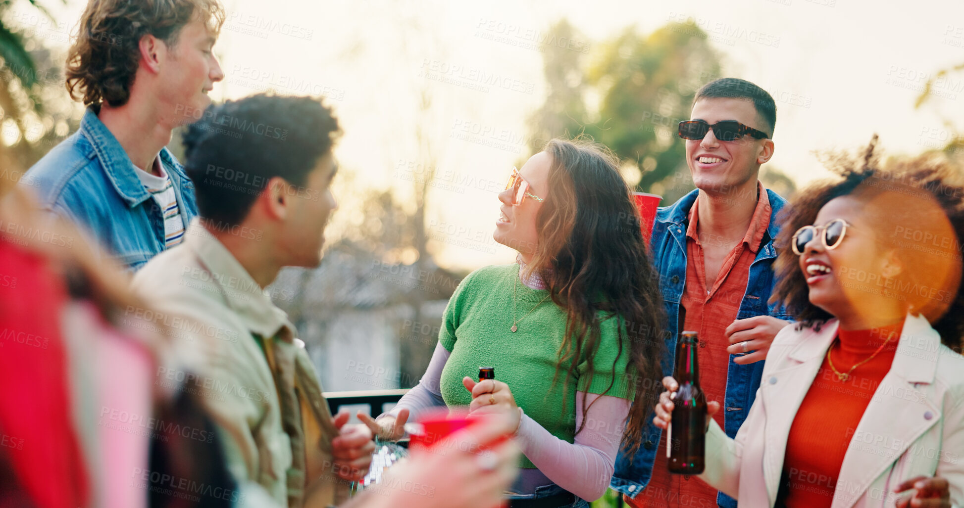 Buy stock photo Alcohol, dance and party with people outdoor together for bonding, celebration or social gathering. Drink, fun and reunion with group of friends in backyard of home for energy, holiday or weekend