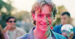 Portrait, man and smile outdoor at party with college friends, social gathering or event on weekend. Bokeh, happy person and fun hangout in university with people, summer holiday or bonding together.