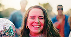 Portrait, smile and woman with disco ball at party, friends social event and get together for celebration. Outdoor, happiness and person with group for weekend break, rave concert and summer festival