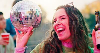 Buy stock photo Friends, alcohol and happy woman with disco ball at party, social event and get together for reunion. Excited, beer and person with group for weekend bonding, outdoor rave and summer festival fun