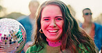 Portrait, friends and happy woman with disco ball at party, social event and get together for reunion. Neon lights, smile and person with group for weekend bonding, outdoor rave and summer festival