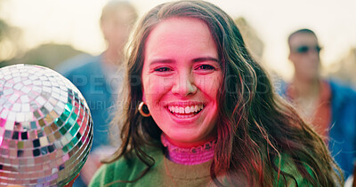 Buy stock photo Portrait, friends and happy woman with disco ball at party, social event and get together for reunion. Neon lights, smile and person with group for weekend bonding, outdoor rave and summer festival