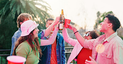 Buy stock photo Celebration, cheers or people in backyard with beer, reunion or bonding together at group event. Happy, gen z fun or friends at house with cups, birthday party or alcohol toast in social gathering.