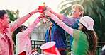 Celebration, toast or people in backyard with alcohol, reunion or bonding together at group event. Happy, gen z fun or friends at house with cups, birthday party or drinks cheers in social gathering.