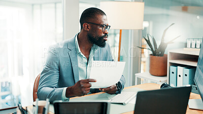 Buy stock photo Black man, documents and confused with computer at office with glasses, review or flare at investment company. African person, broker and doubt for glitch, mistake or administration at finance agency