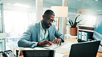 Black man, typing and computer with charts at office for review, report and glasses at investment company. Person, broker or financial advisor with pc for graphs, statistics and flare at agency