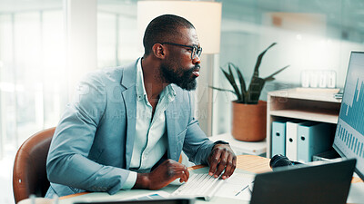 Buy stock photo Black man, typing and computer with graphs at office for review, insight and glasses at investment company. Person, broker or financial advisor with pc for charts, statistics and flare at agency