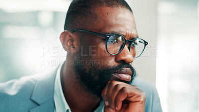 Buy stock photo Glasses, finance and thinking with business black man in office for accounting or investment. Decision, reading and reflection with African accountant in financial workplace for wealth management