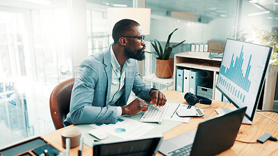 Buy stock photo Black man, computer and stress with charts at office with glasses, review and flare at investment company. African person, broker and frustrated with glitch, mistake and graphs at finance agency
