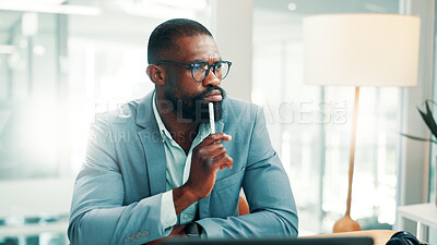 Buy stock photo Finance, reading and thinking with business black man in office for accounting or investment. Assessment, computer and decision with mature accountant in financial workplace for wealth management