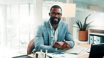 Buy stock photo Black man, smile and portrait with documents at office with glasses, review or graphs at investment company. African person, financial advisor and happy with flare, pride or career at agency in Kenya