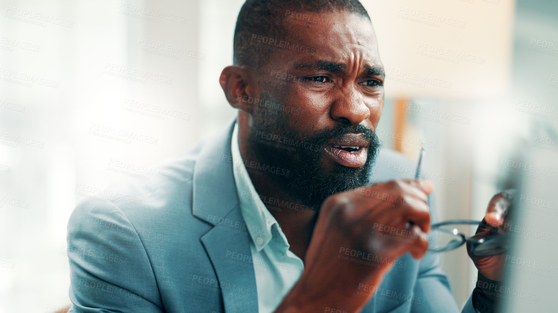 Buy stock photo Eye strain, headache and black man in office with confusion, mistake or brain fog for finance report. Glasses, stress and African male financial advisor with migraine for error in investment proposal