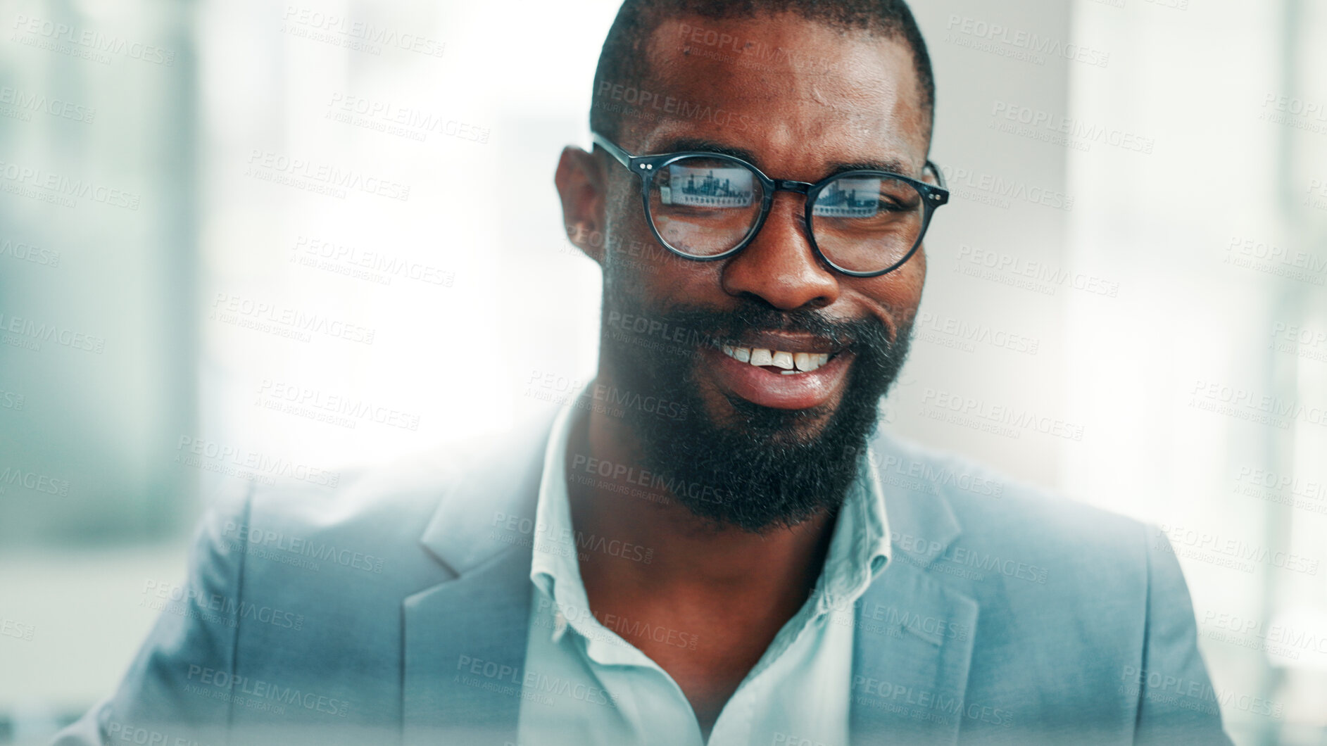 Buy stock photo Portrait, investor and black man in office, glasses and reflection for economy stats. African person, financial advisor and corporate professional in workplace, happiness and eyewear with trading