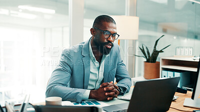 Buy stock photo Black man, laptop and review for charts at office with glasses, insight or proposal at investment company. African person, broker and advisor with pc, asset management and documents at finance agency