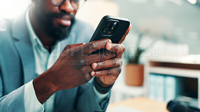 Buy stock photo Hands, typing and employee with phone, office and chatting with contact on social media and message. Scroll, online and person with mobile for communication, network and texting with tech in business