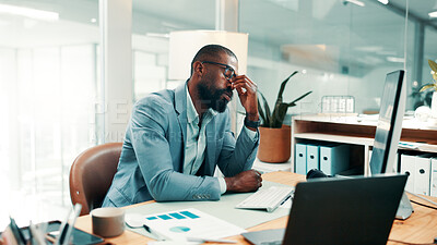 Buy stock photo Stress, headache and black man in office with fatigue, mistake or brain fog for finance report. Glasses, exhaustion and African male financial advisor with migraine for error in investment proposal