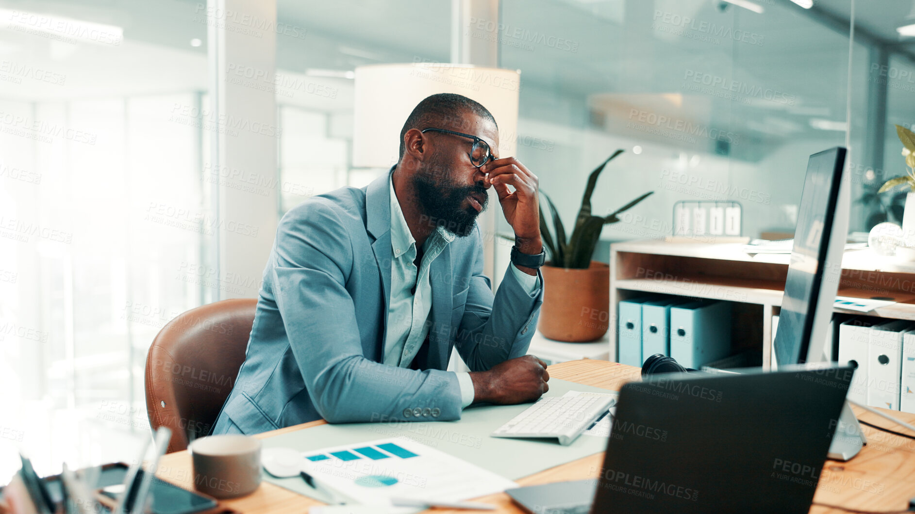 Buy stock photo Stress, headache and black man in office with fatigue, mistake or brain fog for finance report. Glasses, exhaustion and African male financial advisor with migraine for error in investment proposal