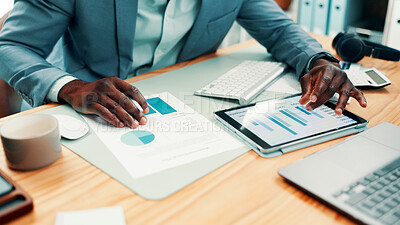 Buy stock photo Finance, paper or hands in office with tablet, revenue check or data analysis for funding pitch. Review, man and analyst in agency with tech, financial comparison or stats report for investment plan.
