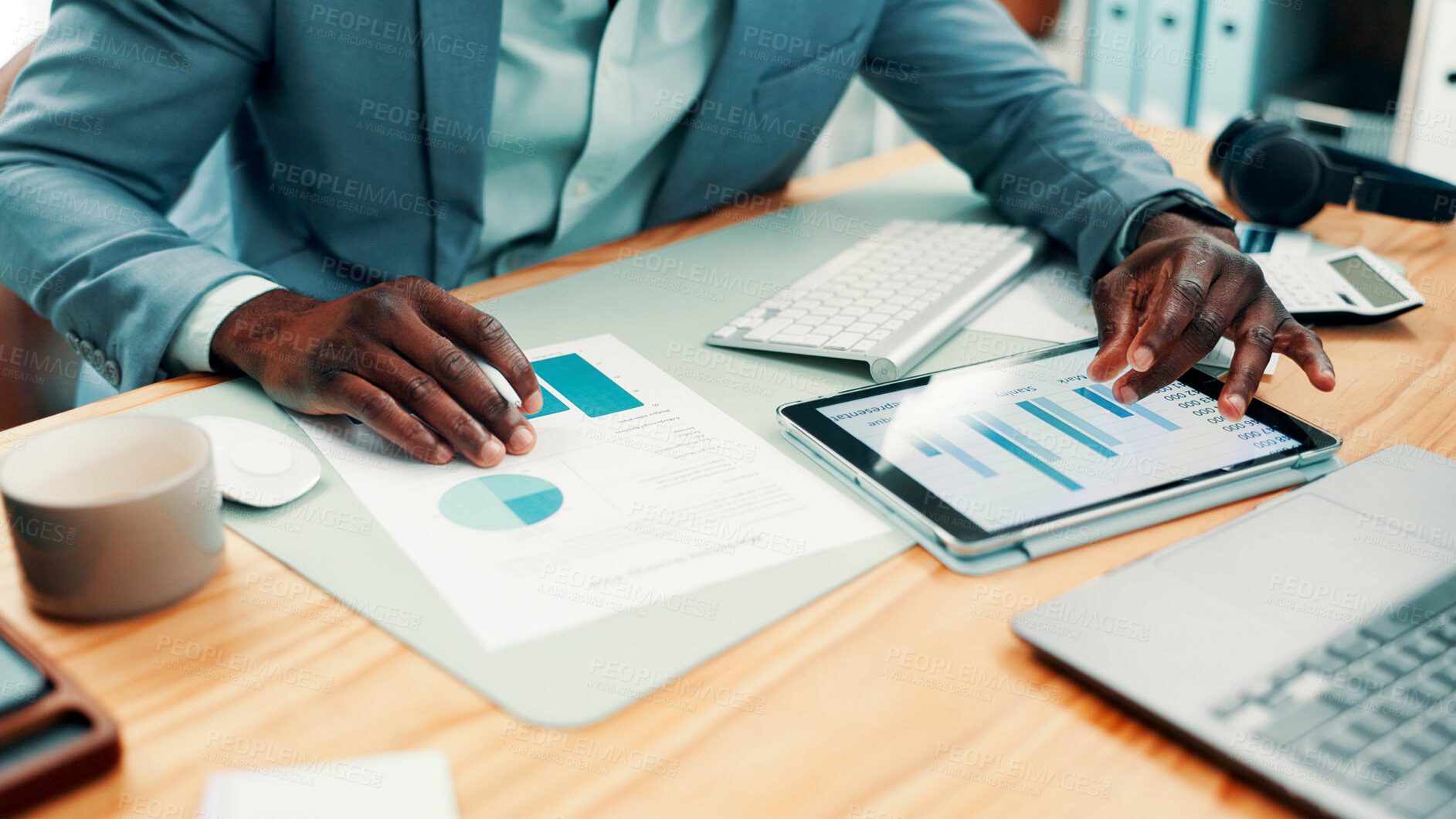 Buy stock photo Finance, paper or hands in office with tablet, revenue check or data analysis for funding pitch. Review, man and analyst in agency with tech, financial comparison or stats report for investment plan.