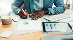 Hands, writing and sticky note with graphs at office for review, insight and report at investment company. Person, broker or financial advisor with pc for charts, statistics and documents at agency