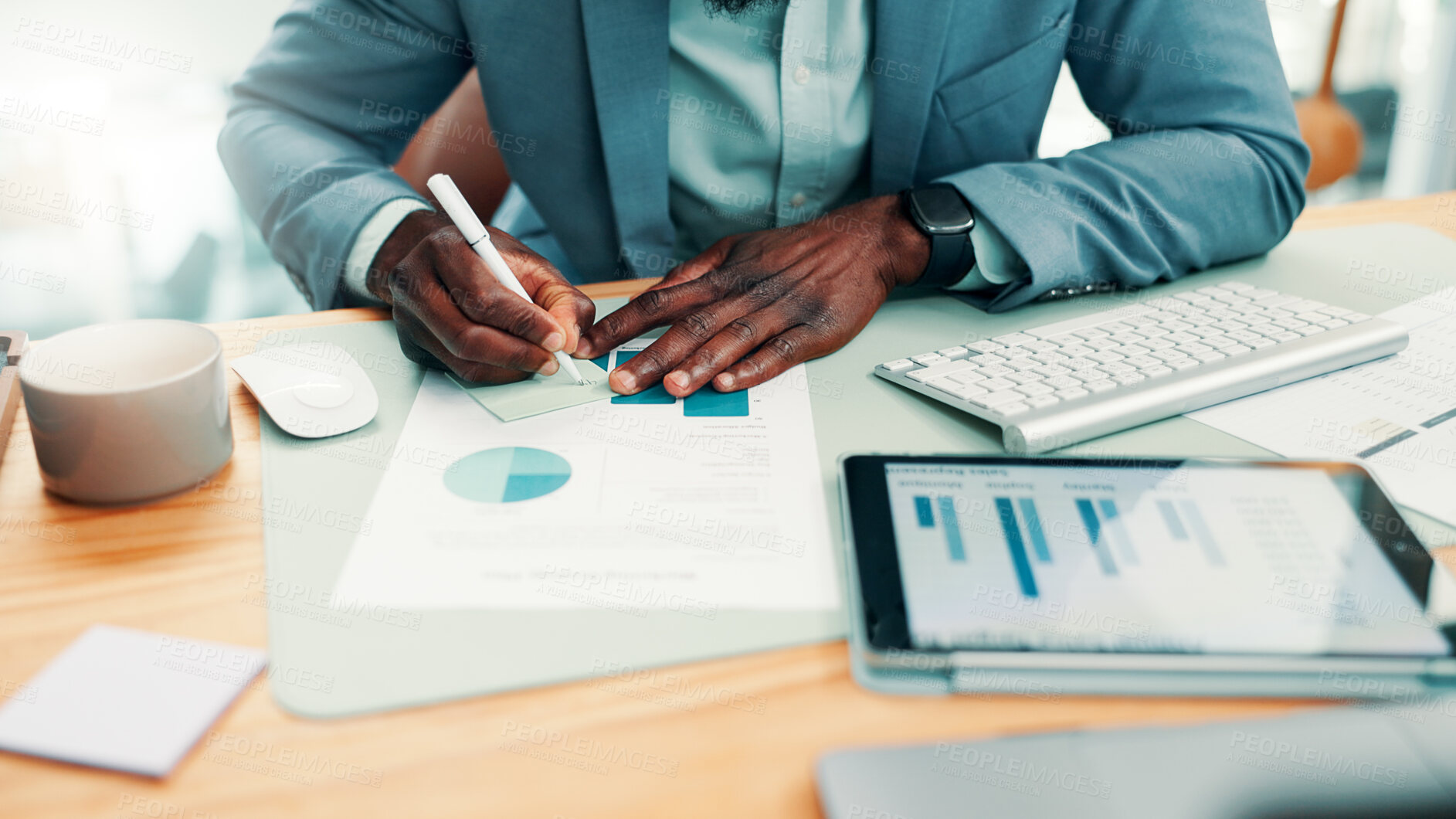 Buy stock photo Hands, writing and sticky note with graphs at office for review, insight and report at investment company. Person, broker or financial advisor with pc for charts, statistics and documents at agency