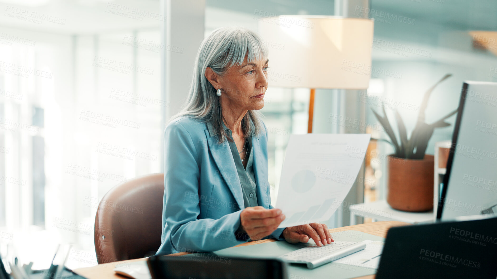 Buy stock photo Investor, documents and woman in office, computer for economy stats and checklist for profit increase. Mature person, financial advisor and paperwork for trading charts and report for revenue audit