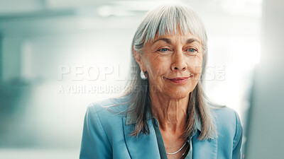Buy stock photo Investor, computer and woman in office, reading and email for revenue audit, internet and connection. Mature person, professional and financial advisor in workplace, pc and research with schedule