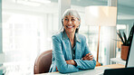 Business, happy and portrait of mature woman at desk for financial consultant, about us and career. Corporate, smile and person in office with crossed arms, pride and ambition as investment advisor