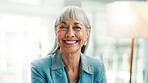 Portrait, advisor or mature woman in office with smile, pride or ambition in accounting services. Happy, career or finance consultant with confidence, about us or experience in risk management.