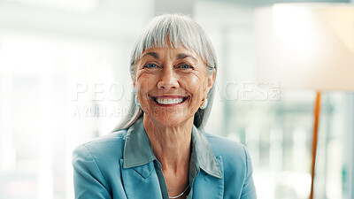 Buy stock photo Portrait, advisor or mature woman in office with smile, pride or ambition in accounting services. Happy, career or finance consultant with confidence, about us or experience in risk management.