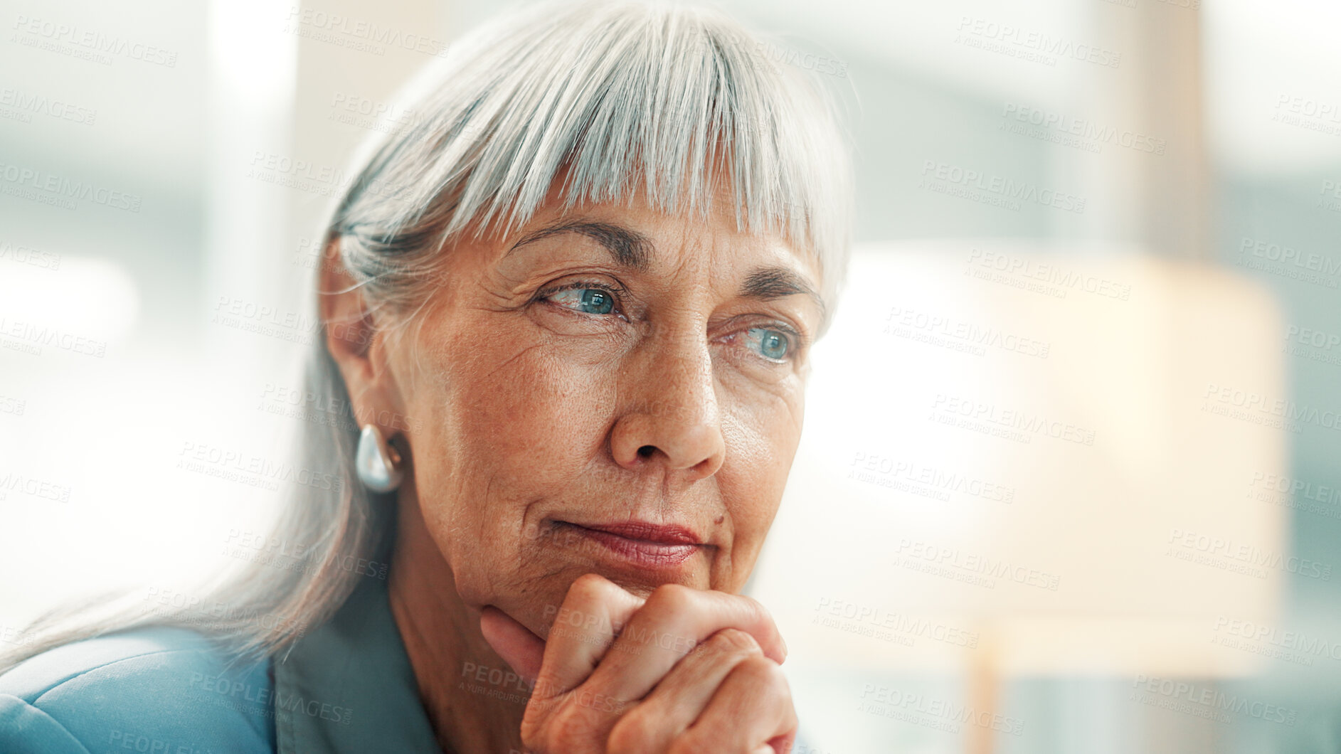 Buy stock photo Finance, reading and thinking with business woman in office for accounting or investment. Decision, information and planning with mature accountant in financial workplace for wealth management