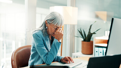 Buy stock photo Investor, headache and woman in office, computer and frustrated for investment fail. Mature person, revenue loss or trader in workplace, migraine and pc for website error, stress or mistake for audit