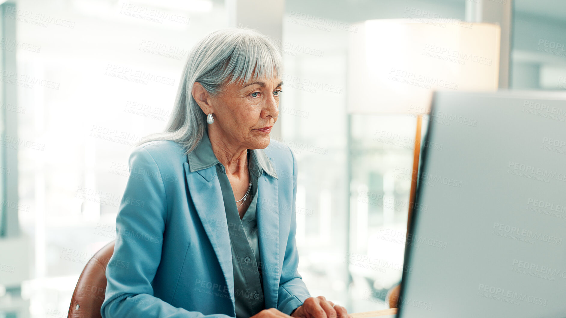 Buy stock photo Computer, reading or business woman in office, company expenses or budget planning for money management. Pc, spending report or mature accountant with finance record for research, review or proposal