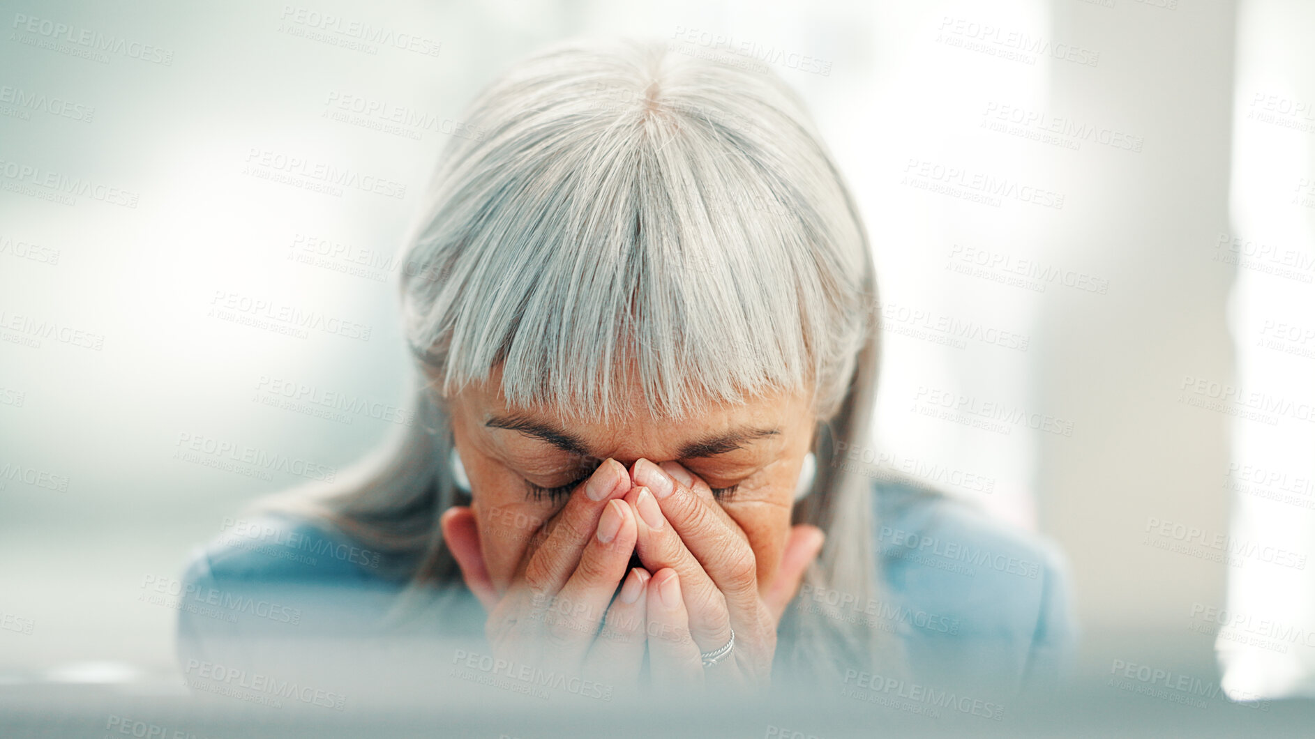Buy stock photo Investor, headache and woman in office, computer for investment error or email for debt. Mature person, migraine or financial advisor in workplace, pain or stress for trading deal, anxiety and fail