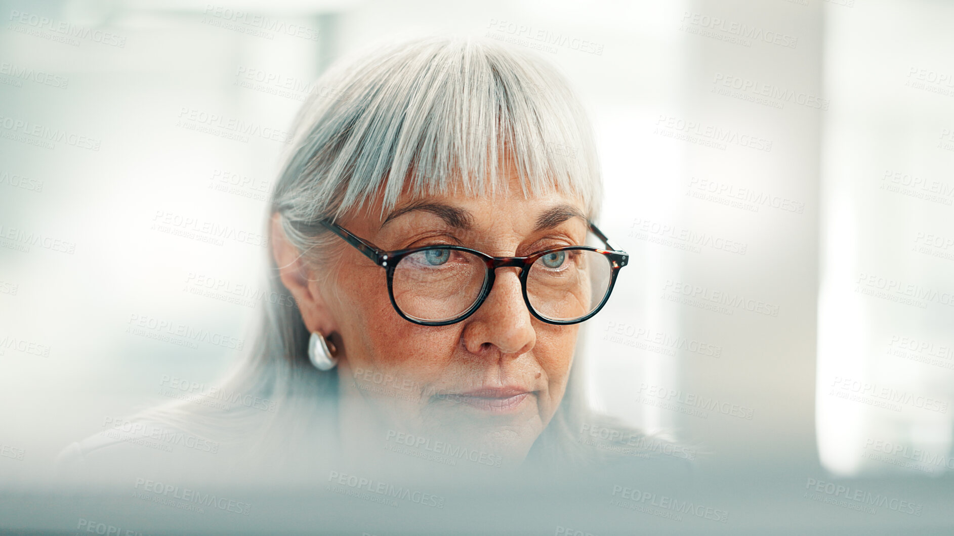 Buy stock photo Computer, reading or woman with glasses in office, company expenses or budget plan for money management. Pc, spending report or mature accountant with financial record for research, review or eyewear