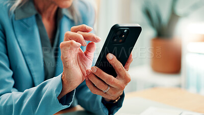 Buy stock photo Hands, scroll and employee with phone, office and chatting with contact on social media and message. Typing, online and person with mobile for communication, network and texting with tech in business